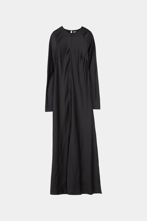 black dress satin long stylein monica model image
