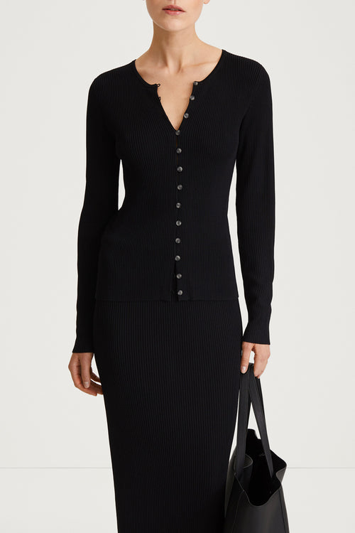 black rib knit cardigan fitted stylein paloma close up