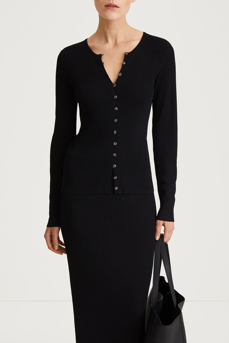 black rib knit cardigan fitted stylein paloma close up