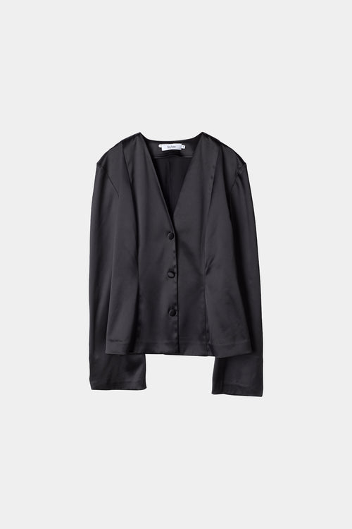 black v-neck satin blouse stylein briar model image