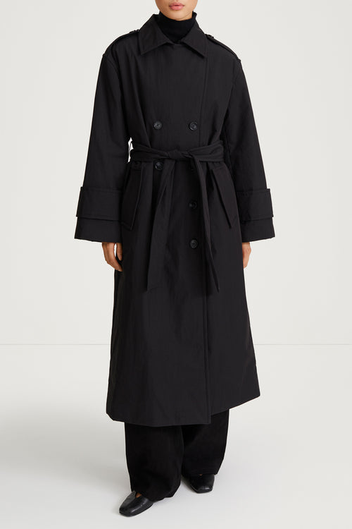 black padded trench coat stylein sandra front