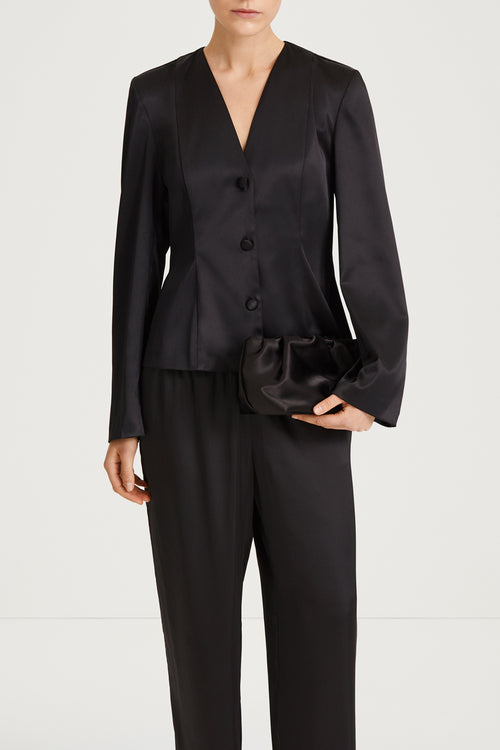 black v-neck satin blouse stylein briar close up