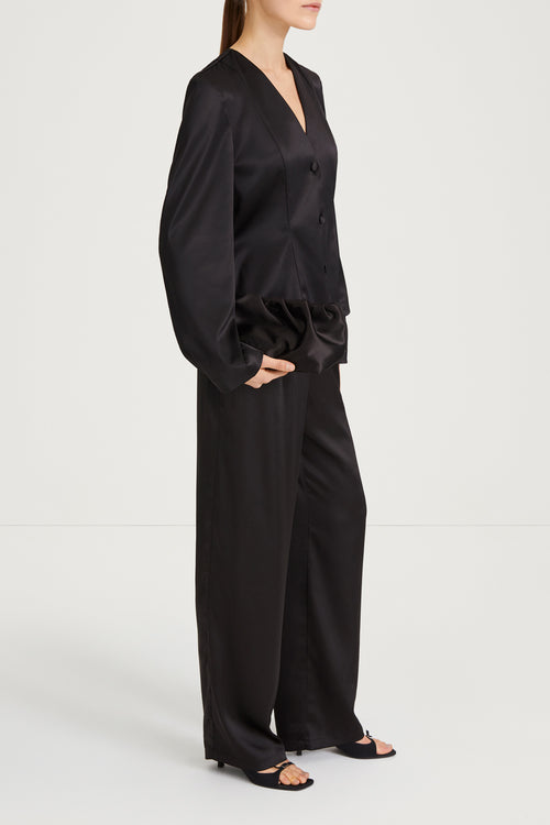 black v-neck satin blouse stylein briar side