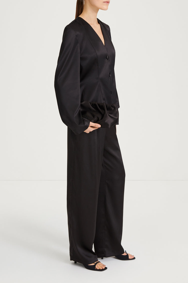 black v-neck satin blouse stylein briar side