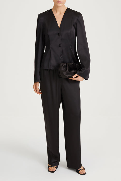 black v-neck satin blouse stylein briar model image