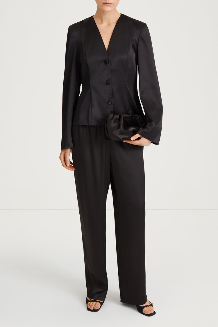 black v-neck satin blouse stylein briar model image