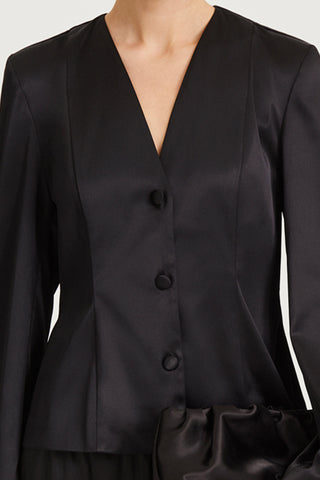 black v-neck satin blouse stylein briar detail