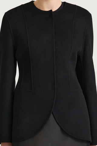 Black wool jacket cinched waist stylein tyra front close up model image