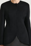 Black wool jacket cinched waist stylein tyra front close up model image