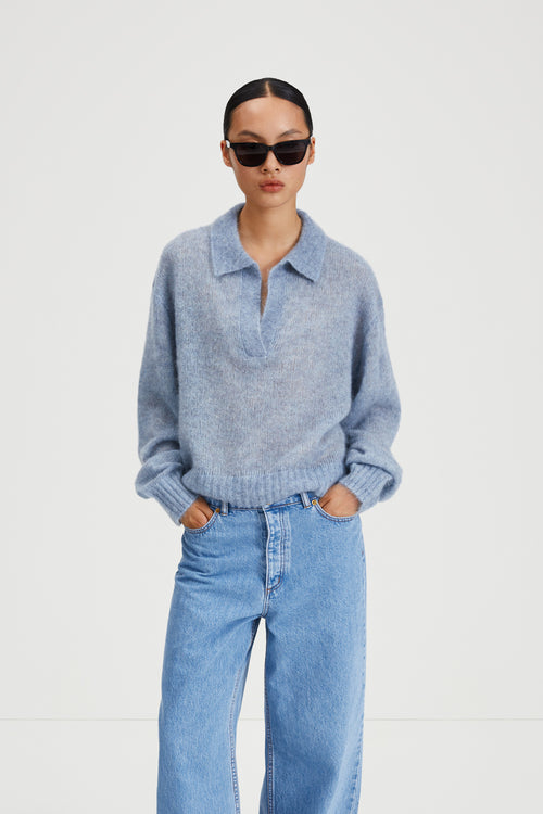 Nairi sweater blue collar v neck knit stylein front image