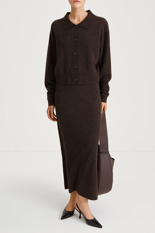 brown cardigan tennis collar stylein halina model image front