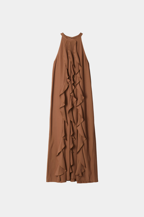 Marcella dress full length crepe rounded neckline frills cascade earth brown stylein packshot