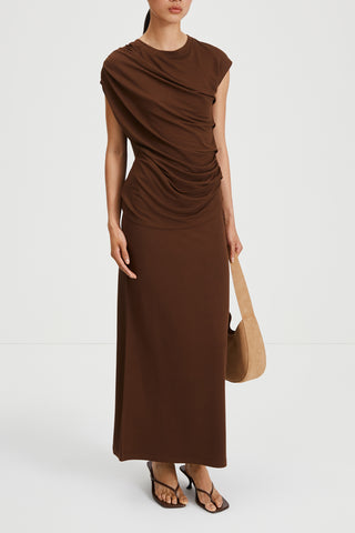 Claudi long skirt jersey subtly flared cacao brown stylein front image