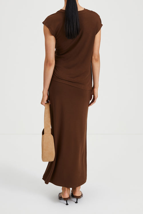 Claudi long skirt jersey subtly flared cacao brown stylein back image