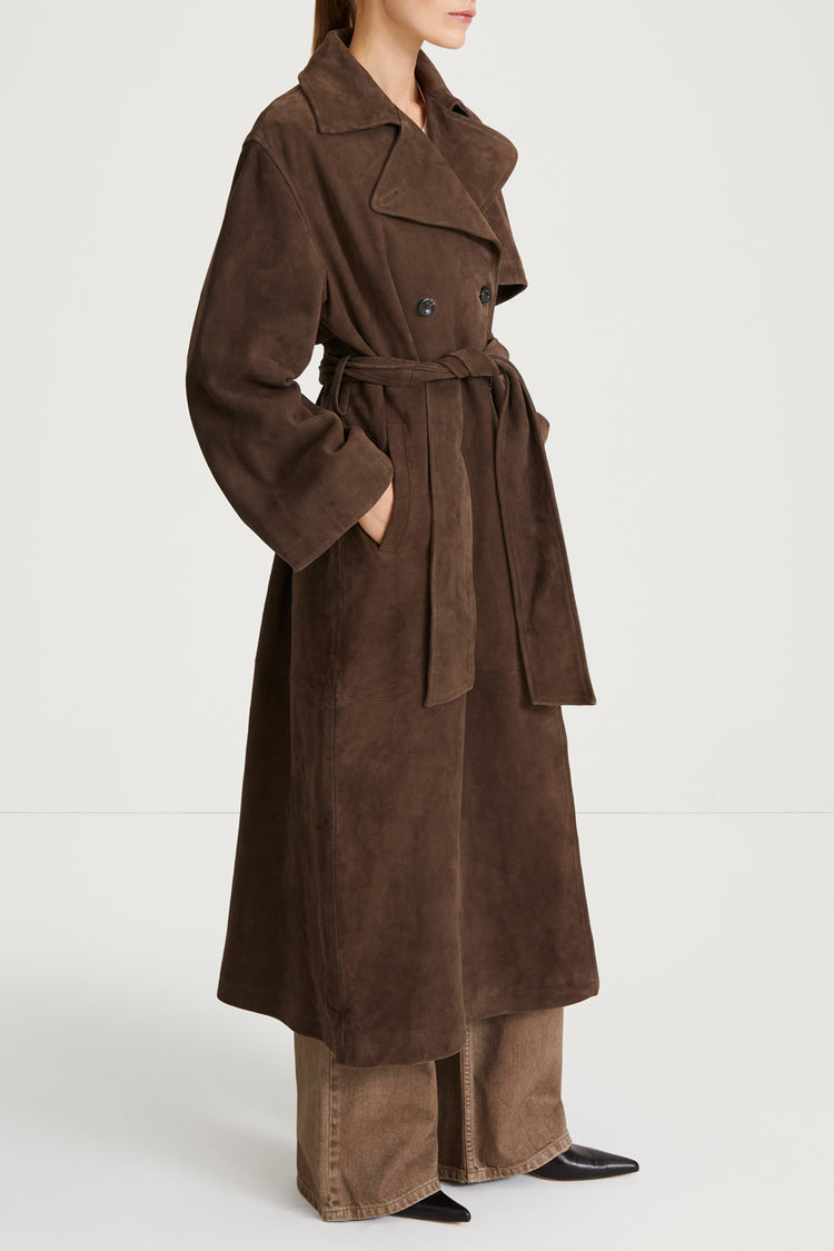 brown suede trench coat stylein vega front side