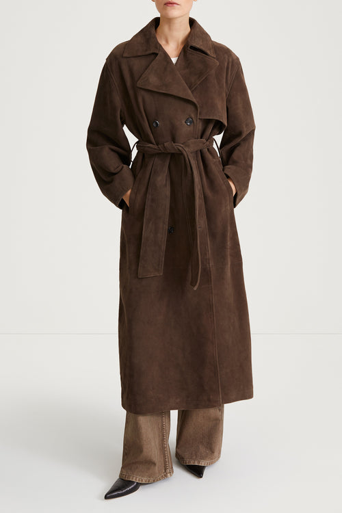 brown suede trench coat stylein vega front