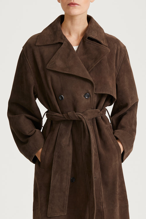 brown suede trench coat stylein vega front detail
