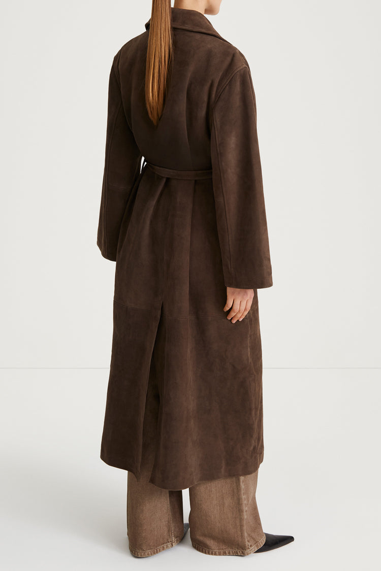 brown suede trench coat stylein vega front back