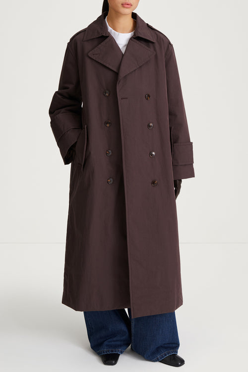 brown padded trench coat stylein sandra front