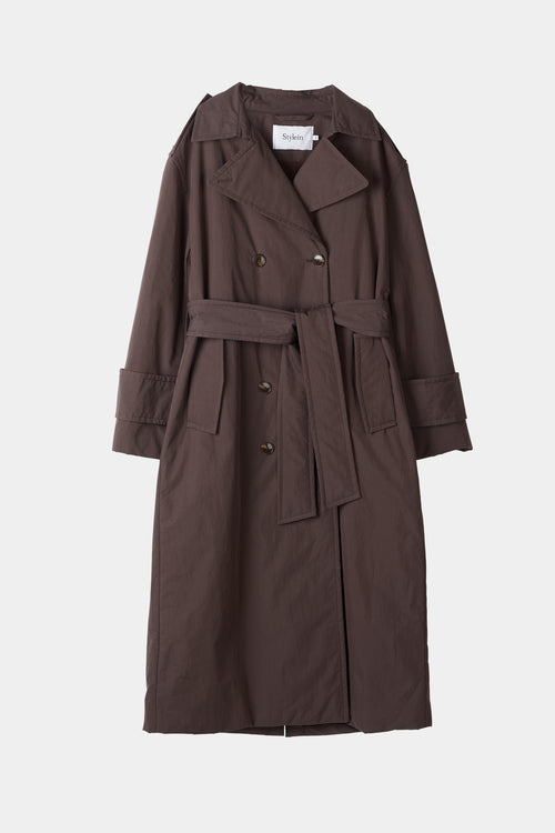 brown padded trench coat stylein sandra front