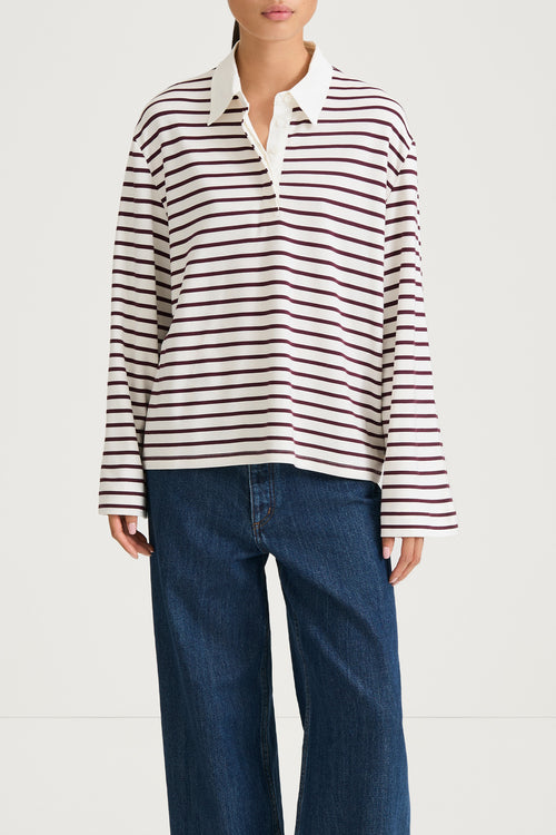 burgundy striped collar buttoned longsleeve top stylein janelle close up