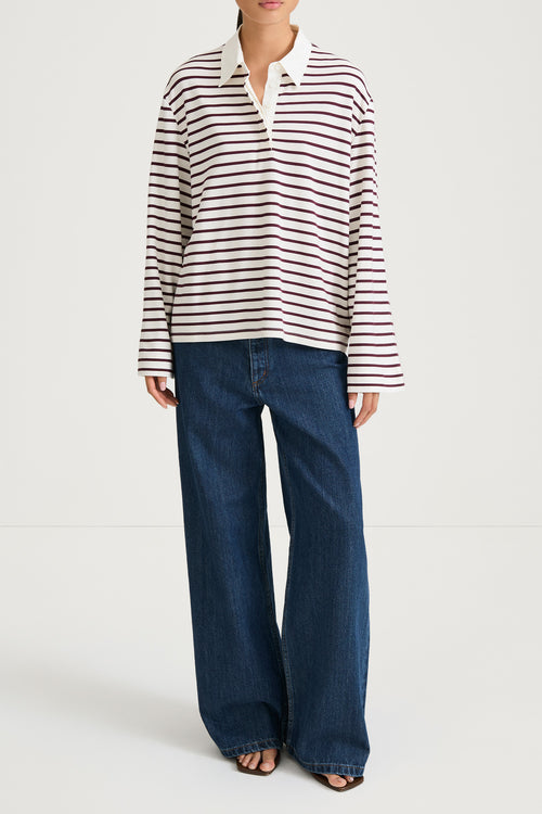 burgundy striped collar buttoned longsleeve top stylein janelle front