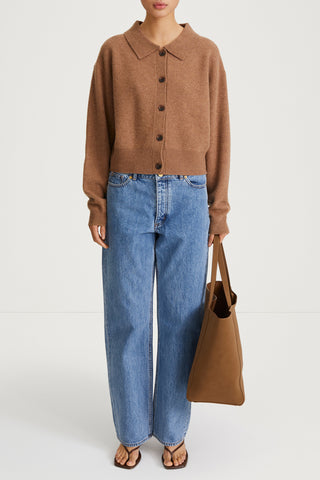 camel cardigan tennis collar stylein halina model image 