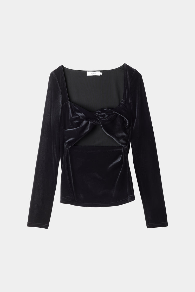 Campi top fitted velvet twisted detail front cut out long sleeves black stylein packshot