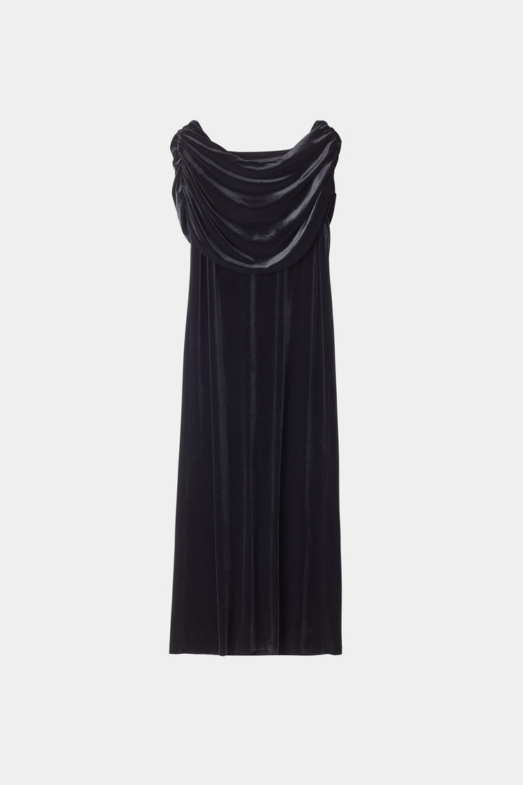 Carro dress loose fitting sleevless draped cape rounded neckline velvet black stylein packshot