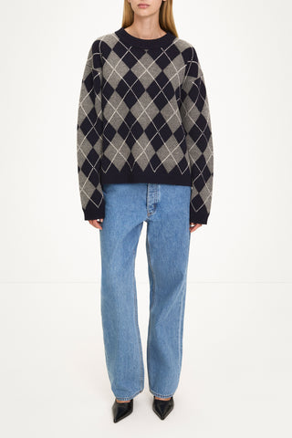 Checked knitted sweater in navy and grey stylein Havenly model image