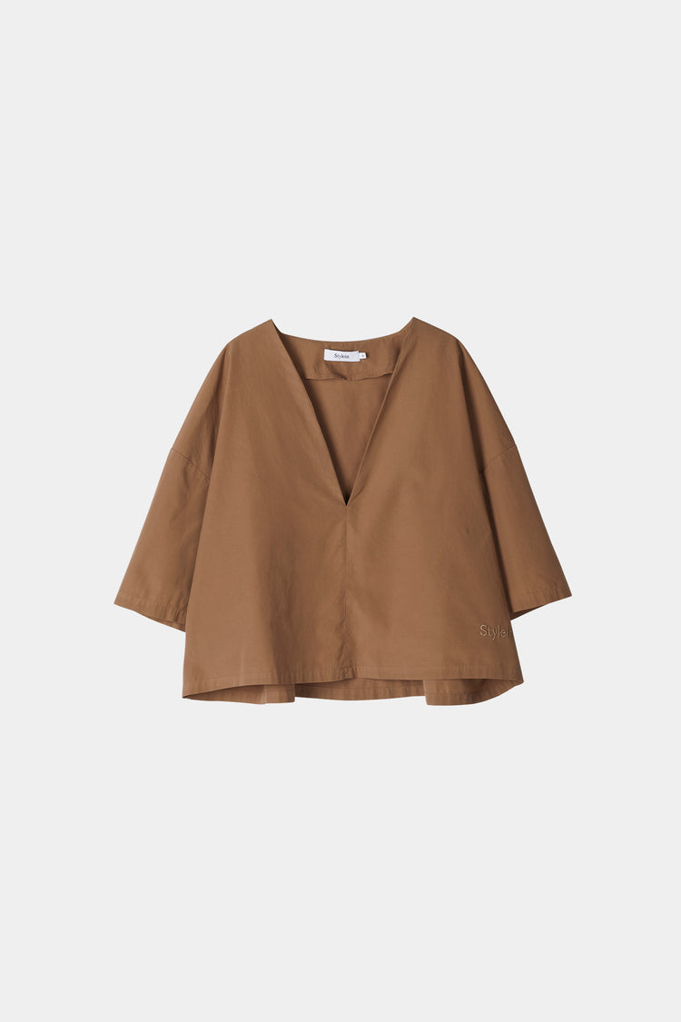 Julianna blouse voluminous cropped v neck short wide sleeves mud brown stylein packshot