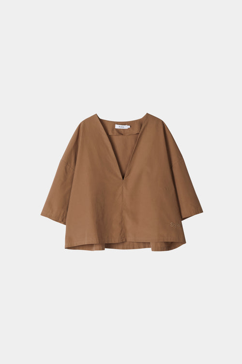 Julianna blouse voluminous cropped v neck short wide sleeves mud brown stylein packshot