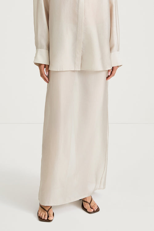 Cream maxi transparent skirt stylein front close up model image