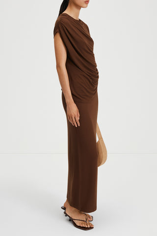 Canalita top sleeveless viscose jersey fitted twisted draped front cacao brown stylein side image