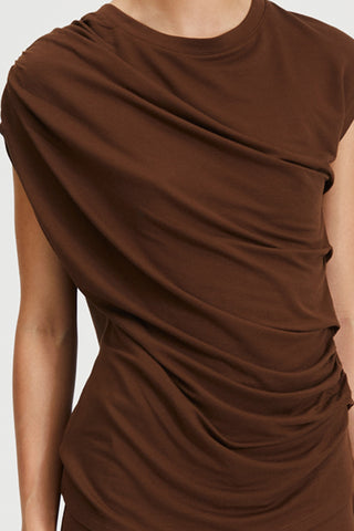 Canalita top sleeveless viscose jersey fitted twisted draped front cacao brown stylein detail image