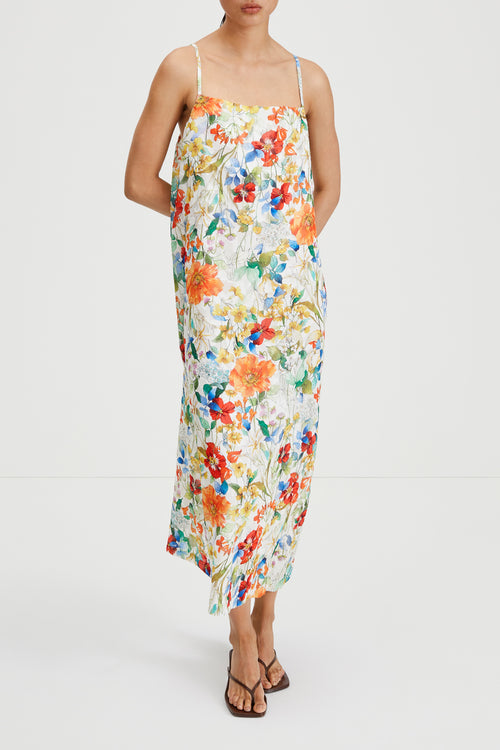 Magnolia dress ankle length cowl neckline straps textured jacquard floral print stylein front image