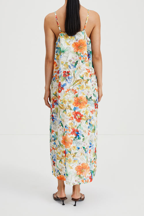 Magnolia dress ankle length cowl neckline straps textured jacquard floral print stylein back image