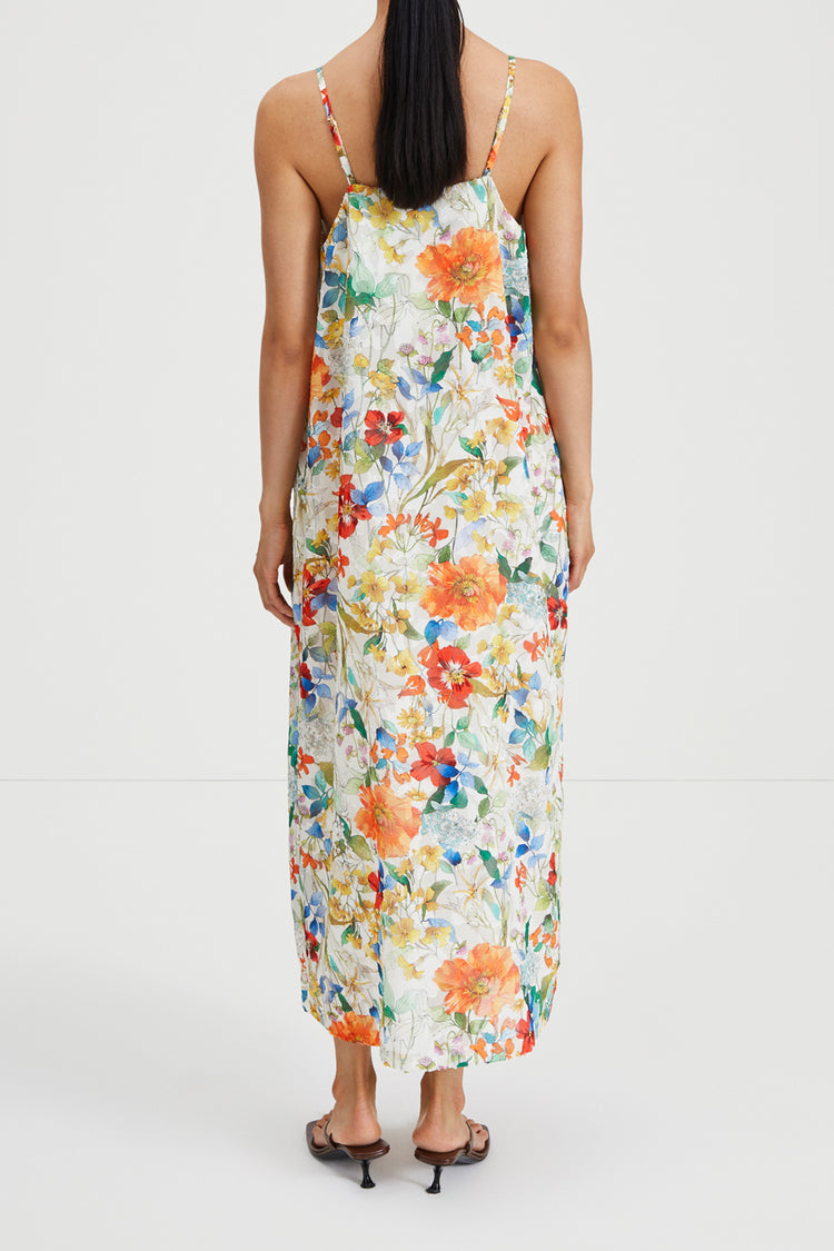 Magnolia dress ankle length cowl neckline straps textured jacquard floral print stylein back image