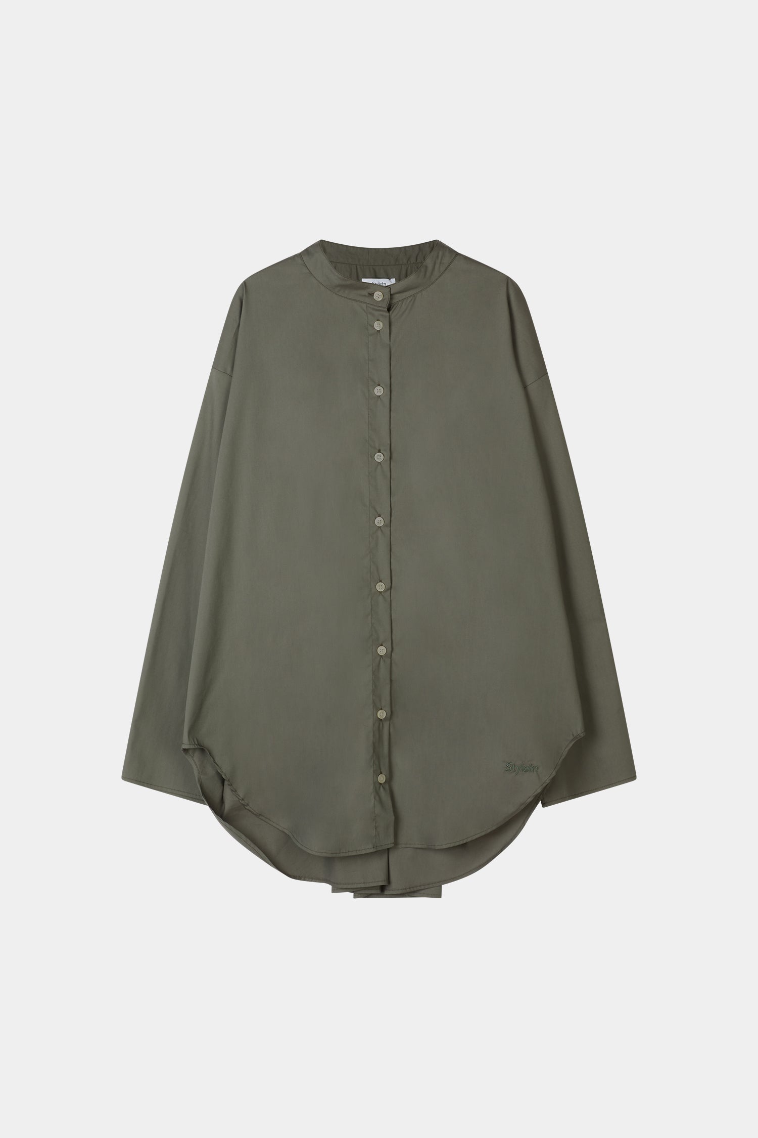 An olive green button-up blouse with a high-low curved hem and wide sleeves, displayed flat against a light gray background.