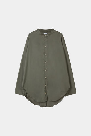 An olive green button-up blouse with a high-low curved hem and wide sleeves, displayed flat against a light gray background.