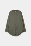 An olive green button-up blouse with a high-low curved hem and wide sleeves, displayed flat against a light gray background.