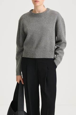 grey knitted sweater round neck stylein haven close up model image