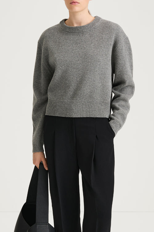 grey knitted sweater round neck stylein haven close up model image