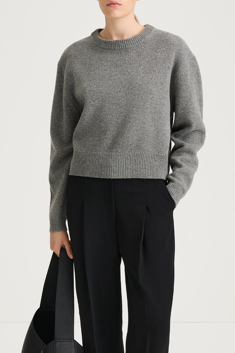 grey knitted sweater round neck stylein haven close up model image