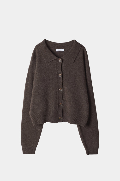 brown cardigan tennis collar stylein halina model image front