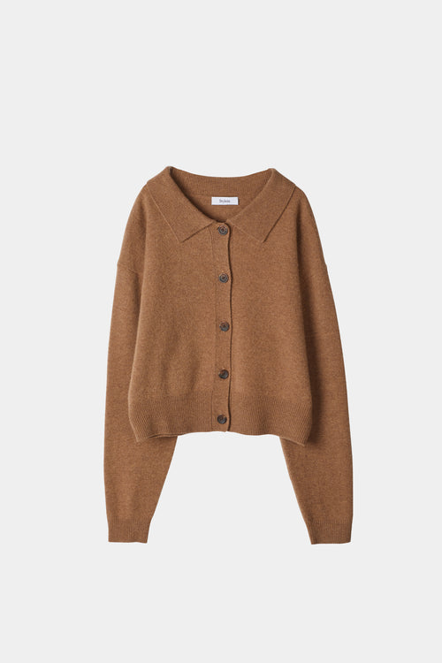 camel cardigan tennis collar stylein halina model image 