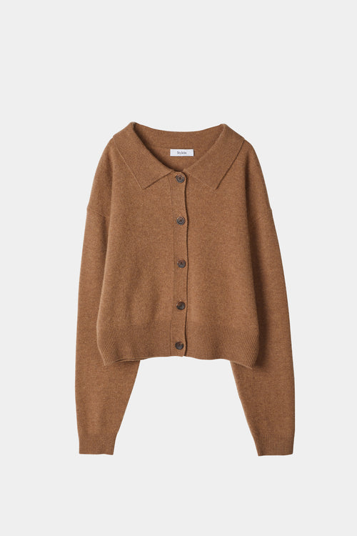 camel cardigan tennis collar stylein halina model image 