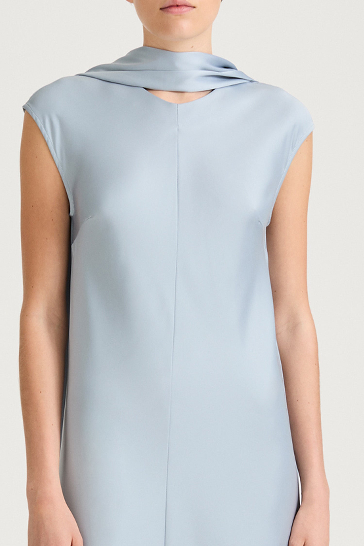 Ice blue satin scarf stylein matino front model image