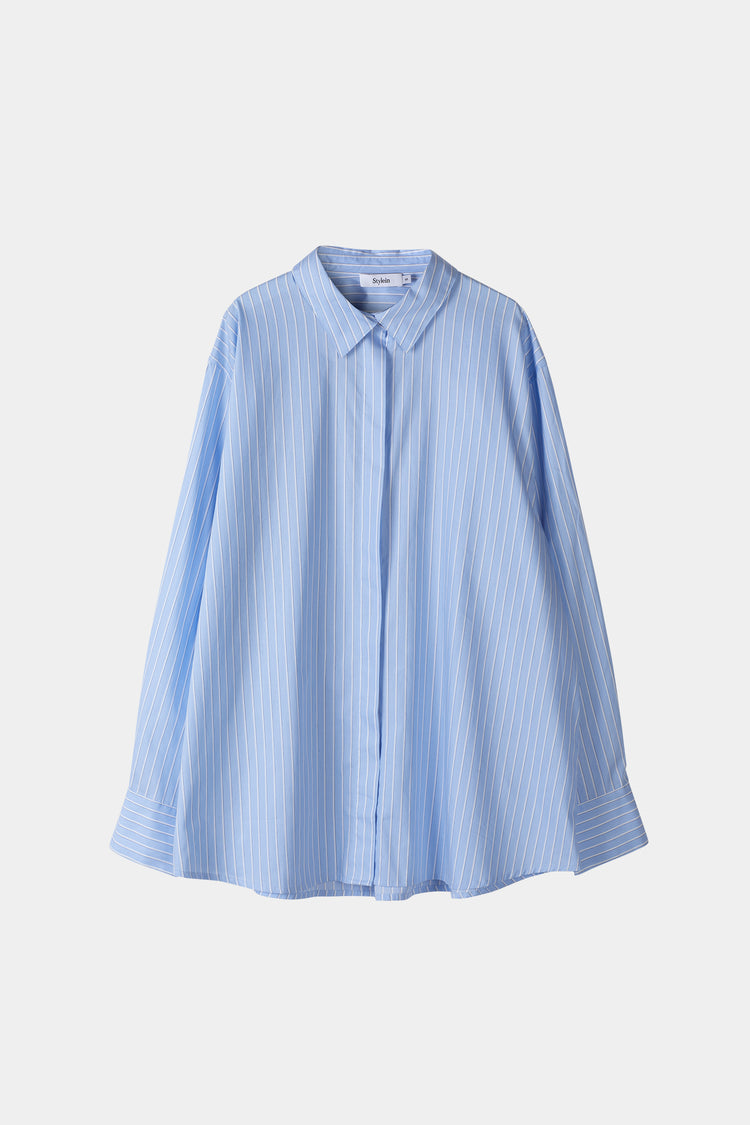 Jeanne shirt button down full length sleeves collar stand boxy silhouette blue stripe stylein packshot