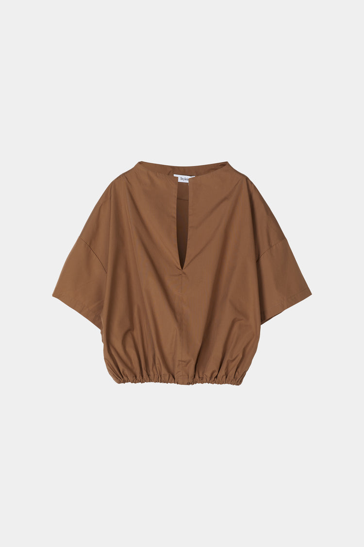Jilly shirt voluminous vneck subtle high neck short wide sleeves gathered bottom hem mud styleinpackshot